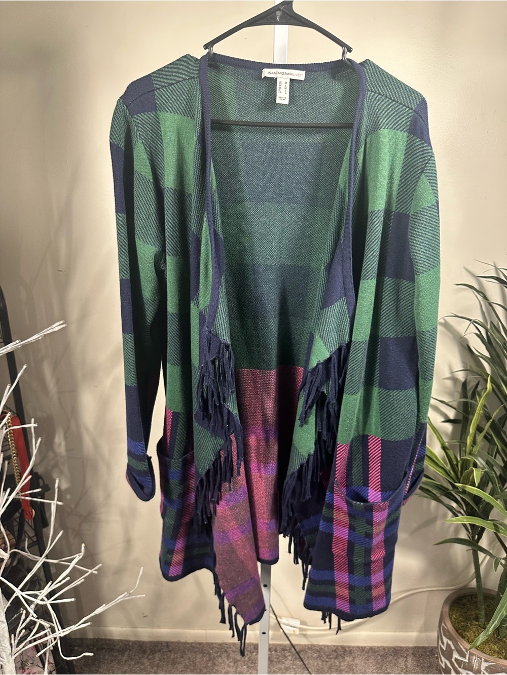 W247. Isaac Mizrahi Green and Navy Plaid Fringe Cardigan with Pink Accent
